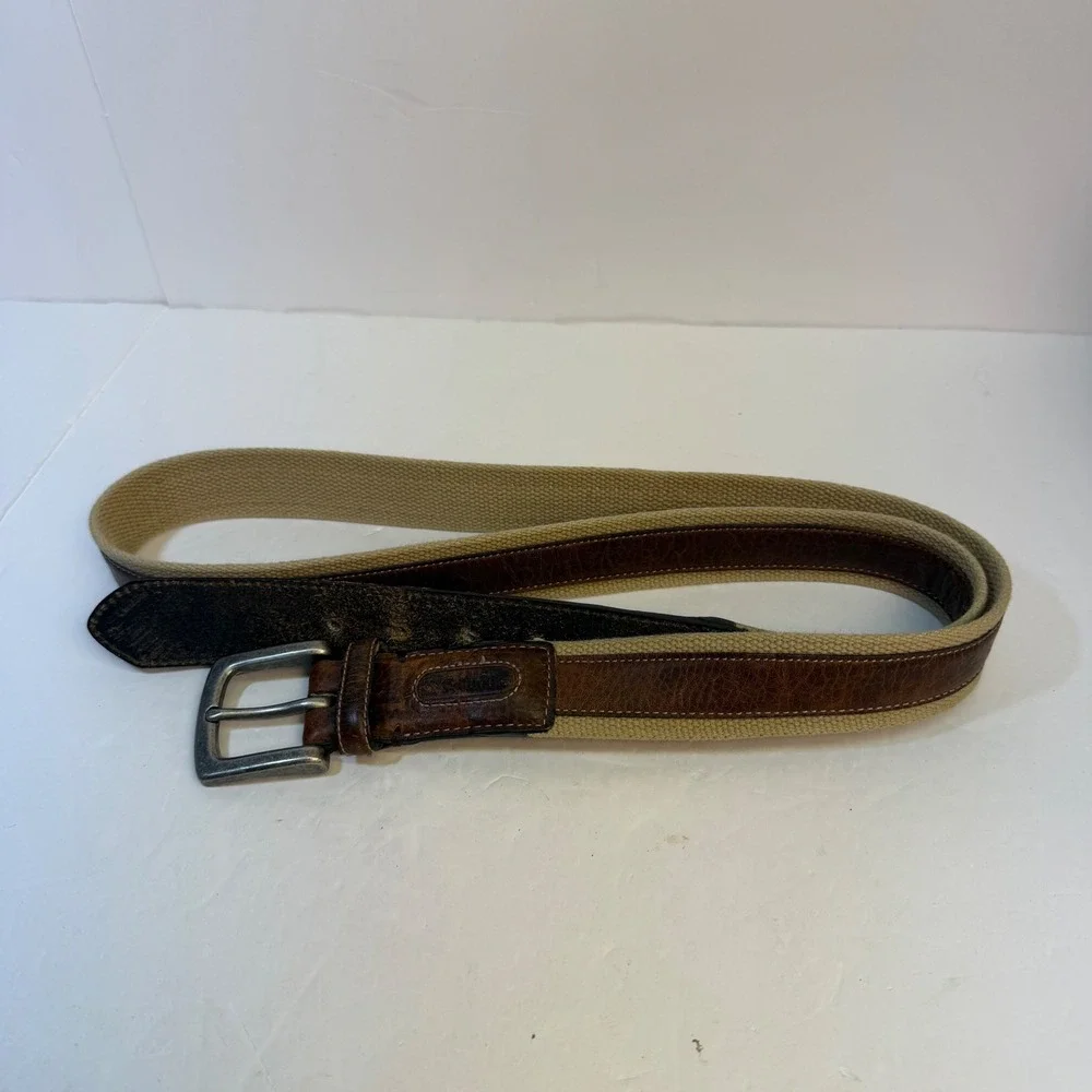 Columbia Mens Cotton Webbing Genuine Leather Trim Belt Brown Tan 46 11CO0331